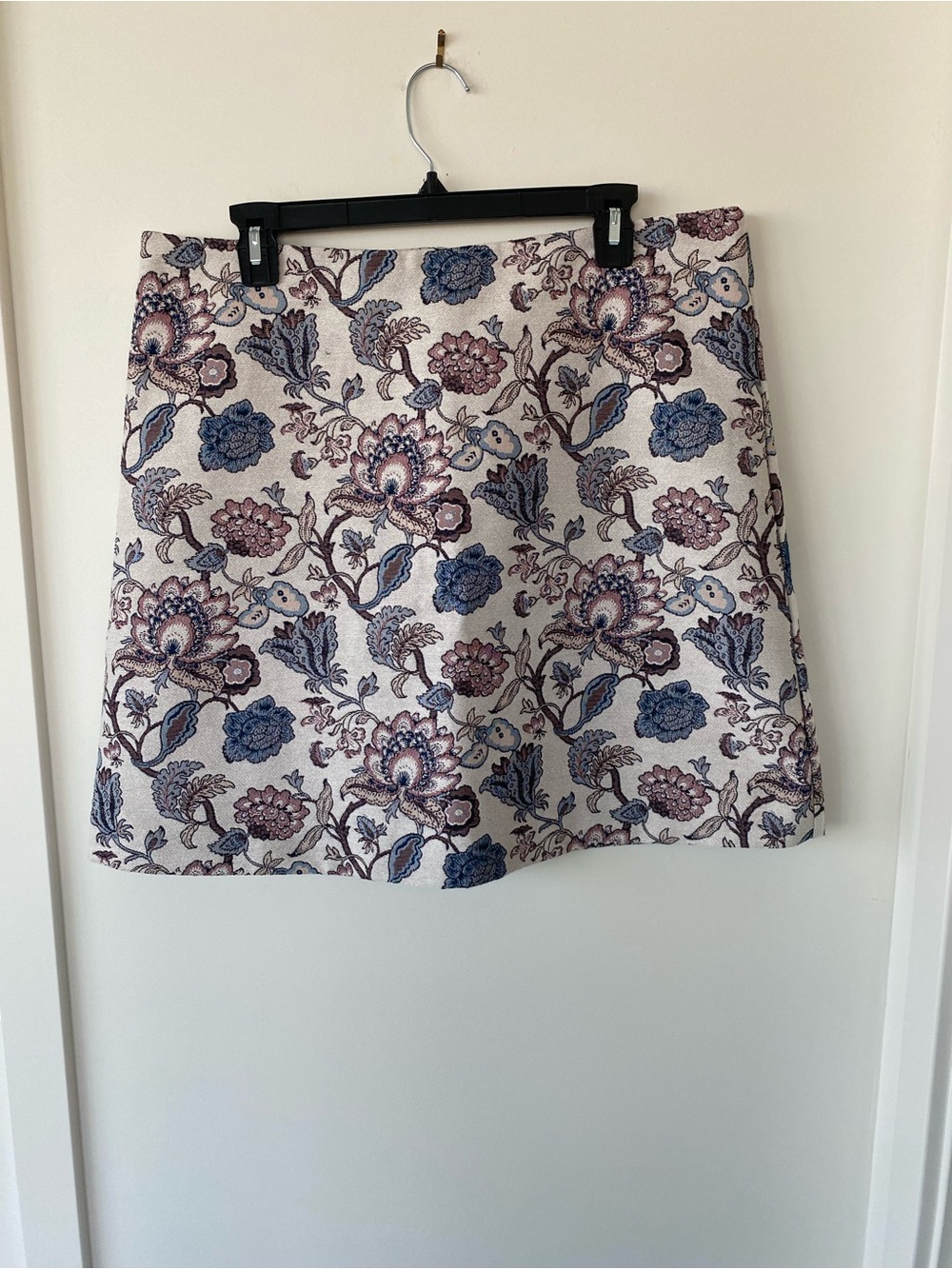 LOFT Floral Jacquard A-Line Skirt in Blue and Mauve on Cream